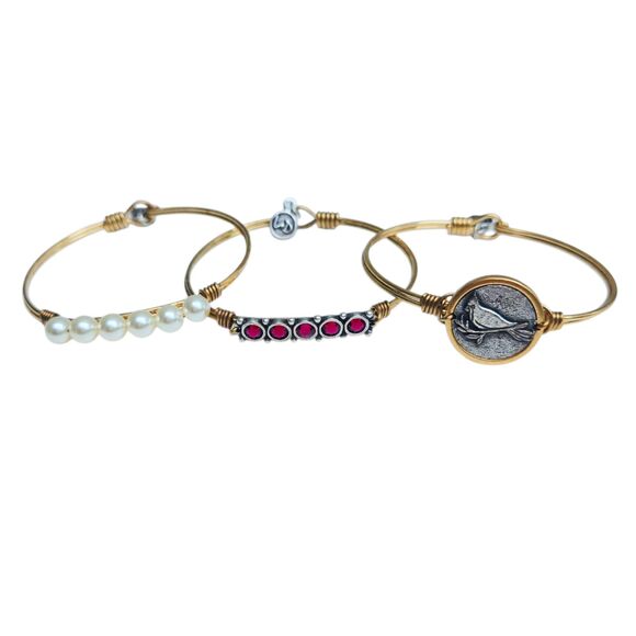 Luca + Danni Set of 3 Brass Bracelets - White Pearl, Cardinal, Pink Stones NIB - Picture 1 of 5